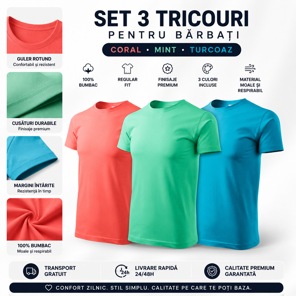 Set 3 tricouri bărbați 100% bumbac regular fit coral verde mentă și turcoaz S-3XL